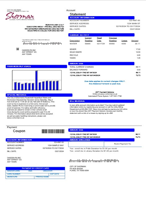 USA City of Sherman business utility bill template in Word and PDF formats